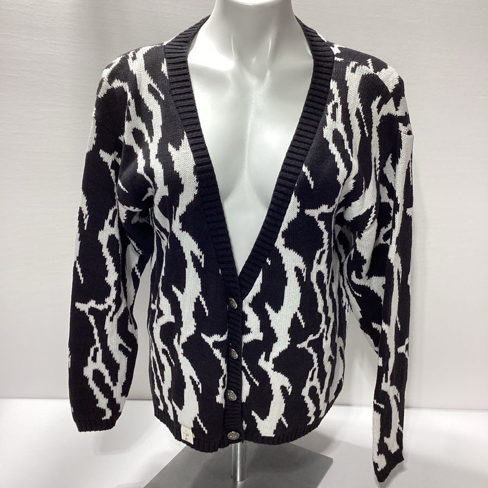 Vintage Doris Skis Sweater Size M Black White V-Neck Cardigan 80s Academia Knit